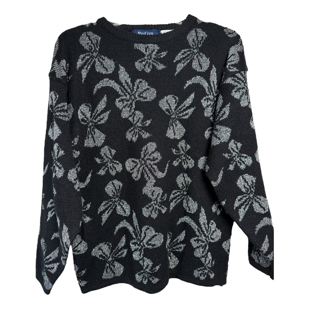 Vintage Silver Bows Sweater Size Medium Black 80s 90s Winter Festive Holiday